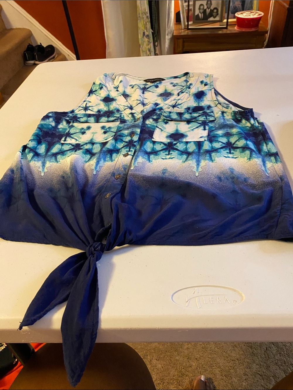 Rock & Republic Blue and Teal Tie-Front Sleeveless Button-Down Top